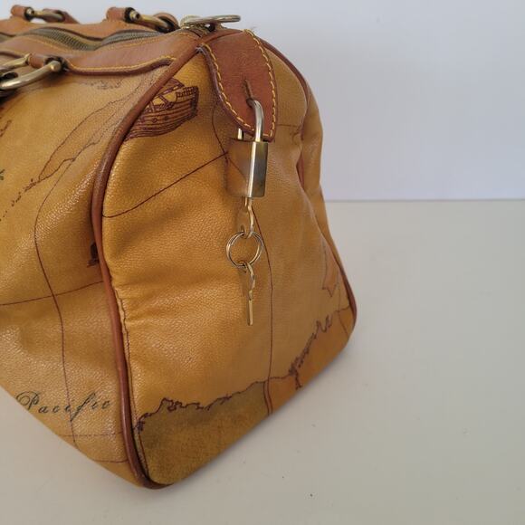 Alviero Martini Vintage Duffle Boston Bag Purse Map Pattern Leather Brown Large - Picture 8 of 16